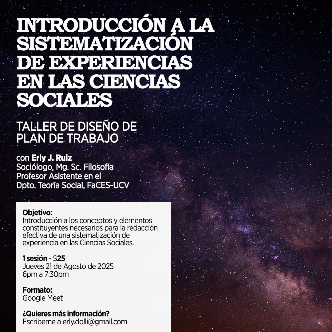 Estoy ofreciendo este taller con el objetivo de financiar otro movimiento de mi tesis doctoral sobre el ser venezolano.

¿Podrías ayudarme a difundir esta convocatoria? ✨