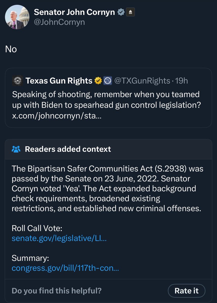 Attorney General Ken Paxton (@kenpaxtontx) on Twitter photo Looks like Joe Biden isn't the only anti-gun establishment politician with memory issues.
Everyone else in Texas clearly remembers you doing this, <a href="/JohnCornyn/">Senator John Cornyn</a>. Looks like Joe Biden isn't the only anti-gun establishment politician with memory issues.
Everyone else in Texas clearly remembers you doing this, <a href="/JohnCornyn/">Senator John Cornyn</a>.