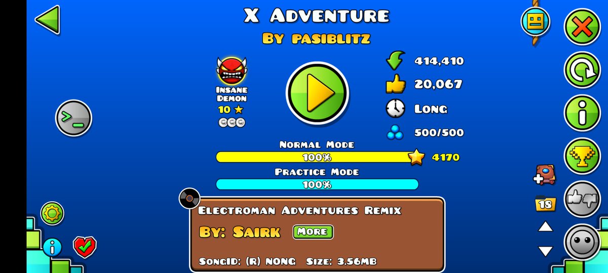 X Adventure 100%, 6,899 Atts, Insane Demons #10, severo mojón de nivel es este, muy fastidioso la verdad, no lo recomiendo a menos que quieran mejorar en nave, porque al parecer solo para eso sirve xD, de resto, transiciones horribles, clicks incómodos, etc.