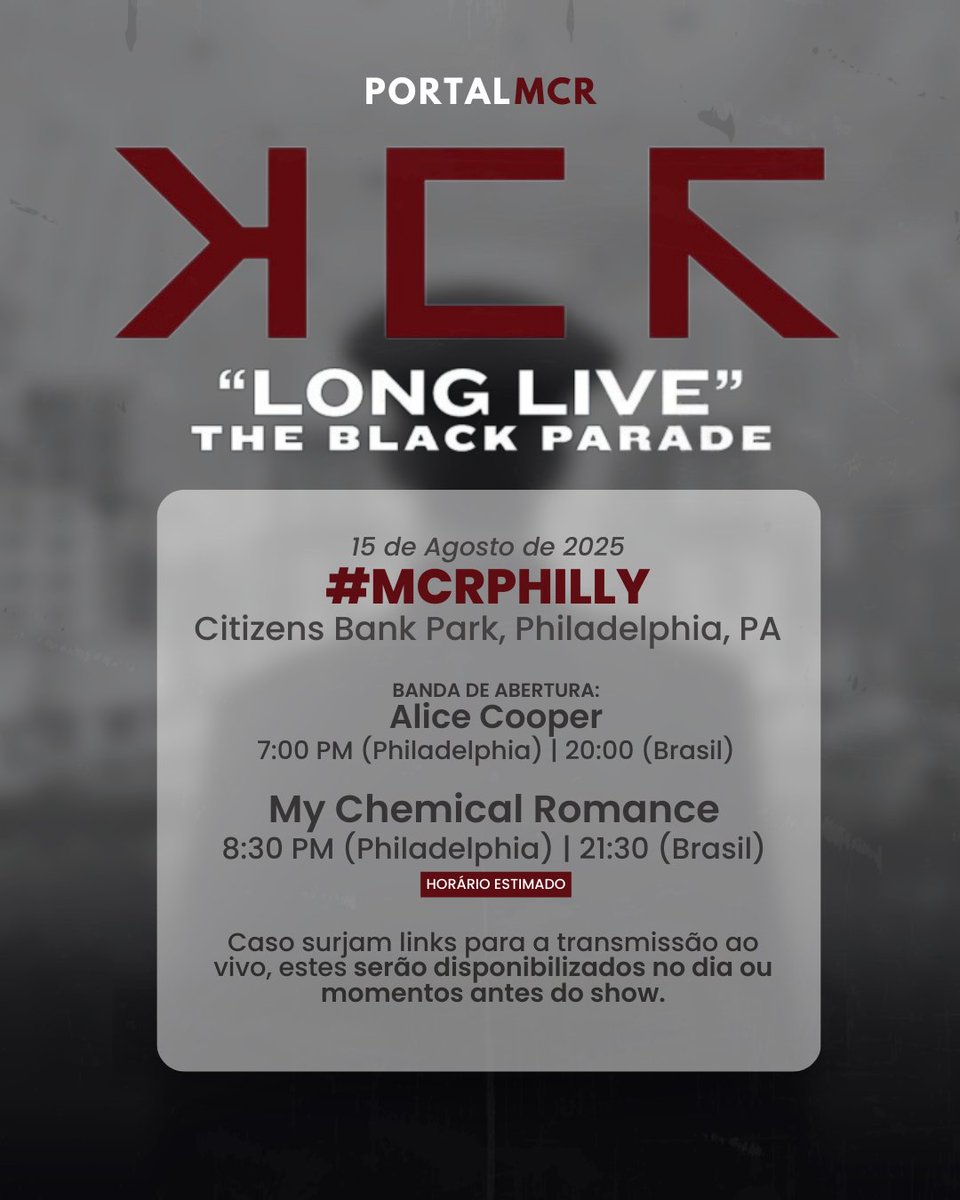 📣 Amanhã, 15 de agosto, é dia de SEXTAR com mais um show da Long Live The Black Parade. A parada da vez é no Citizens Bank Park, na Filadélfia, PA.

Quem vamos? 🖤 #MCRPHILLY