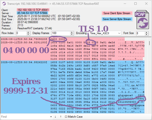 netresec's tweet photo. @JAMESWT_WT @AndreaDraghetti @signorina37H @guelfoweb @VirITeXplorer @1ZRR4H @0xToxin @pr0xylife @c_APT_ure @ShadowOpCode @marsomx_ @anyrun_app This transcript of ANY.RUN PCAP displays several #ResolverRAT / #PureRAT indicators:
🔢 04 00 00 00 (before TLS)
🔑 Client and server run TLS 1.0
📅 X.509 cert expires 9999-12-31
More details on PureRAT indicators here:
https://t.co/GlSDXfsgP0 https://t.co/gSdheyfZ0g