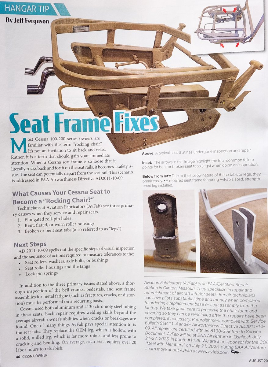 Proud to be in this month's edition of Cessna Owner Magazine... link to the article... cessnaowner.org/seat-frame-fix…