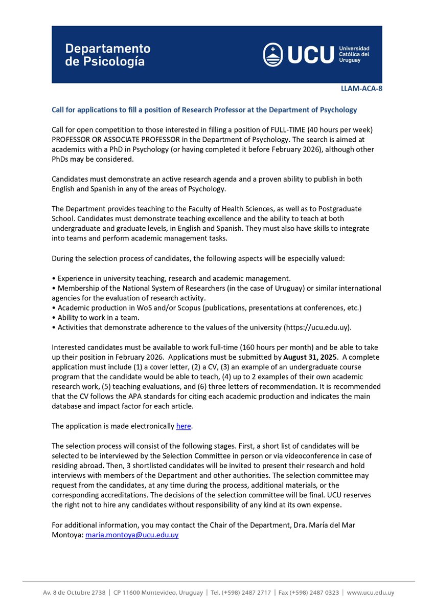 🌎 Oportunidad académica internacional
🔍 Concurso abierto | Profesor/a Investigador/a de Alta Dedicación (40h) Psicología <a href="/UCUoficial/">Universidad Católica</a>

🗓Postulá hasta 31/08/25 📍Montevideo | Inicio feb/26

Doctorado + investigación activa + docencia en grado/posgrado 
📩 ucu.edu.uy/aucdocumento.a…