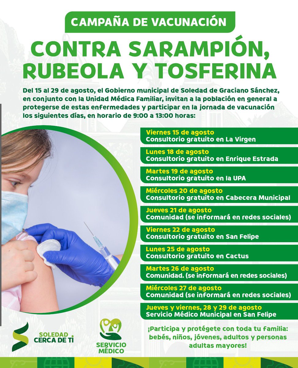 ¡Protege tu salud y la de tus seres queridos!💉 

Este viernes 15 de agosto, el Servicio Médico Municipal de Soledad lanza una jornada intensiva de vacunación contra sarampión, rubéola y tosferina.

 ¡Acude a tu consultorio más cercano y vacúnate!

#SoledadCercaDeTi