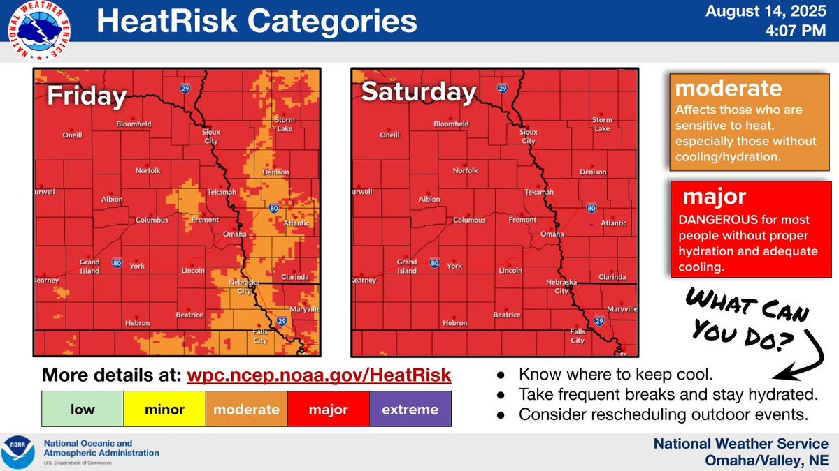 NWSOmaha's tweet photo. Dangerous heat is expected Friday and Saturday. Heat indices will rise to 100 to 110 both days. Plan ahead now to keep cool and hydrated this weekend! #newx #iawx https://t.co/BG6dGkNXHW
