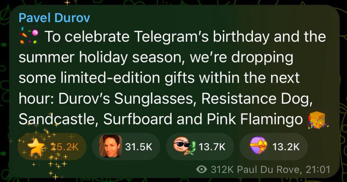 提姆⚡️Tim Tung 💎🎒 (@timtung_eth) on Twitter photo 杜羅夫 <a href="/durov/">Pavel Durov</a> 為了買禮物充值200萬星🌟
並且發文公告新的 Telegram 禮物
將1小時內發售🎁發售時間大概是5:00
這次發行的部分禮物加入了新規則
只有Premium會員才能限定購買
但還是不減俄羅斯人的購買力
杜羅夫墨鏡 30000⭐️—15 秒內售罄
反叛狗 5000⭐️—56 秒內售罄
衝浪板 2500⭐️—40 秒內售罄
沙堡 杜羅夫 <a href="/durov/">Pavel Durov</a> 為了買禮物充值200萬星🌟
並且發文公告新的 Telegram 禮物
將1小時內發售🎁發售時間大概是5:00
這次發行的部分禮物加入了新規則
只有Premium會員才能限定購買
但還是不減俄羅斯人的購買力
杜羅夫墨鏡 30000⭐️—15 秒內售罄
反叛狗 5000⭐️—56 秒內售罄
衝浪板 2500⭐️—40 秒內售罄
沙堡