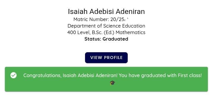 Adeniran Isaiah (@isaiahalgebra) on Twitter photo As at 14th August, 2025, I'm glad to announce that I'm now a first class graduate of the University of Ilorin.<a href="/UnilorinNGR/">University of Ilorin, Nigeria</a>
In between, I served as a class representative and my department's president, amongst others. Congratulations to me.✨
<a href="/sesalites_s/">SCIENCE EDUCATION STUDENTS' ASSOCIATION</a>
#UNILORIN40thConvocation As at 14th August, 2025, I'm glad to announce that I'm now a first class graduate of the University of Ilorin.<a href="/UnilorinNGR/">University of Ilorin, Nigeria</a>
In between, I served as a class representative and my department's president, amongst others. Congratulations to me.✨
<a href="/sesalites_s/">SCIENCE EDUCATION STUDENTS' ASSOCIATION</a>
#UNILORIN40thConvocation