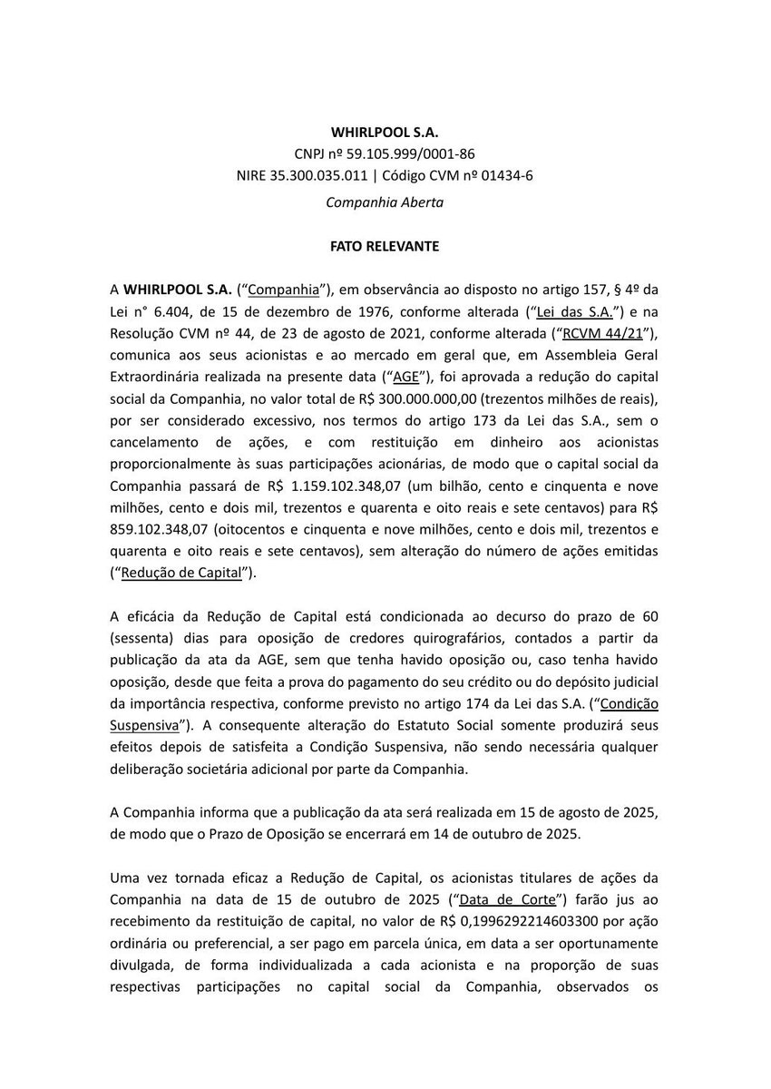 AvisosDaBolsa's tweet photo. WHIRLPOOL S.A. - Aprovação da Redução de Capital #WHRL3 #WHRL4 https://t.co/kfh0HycmpA