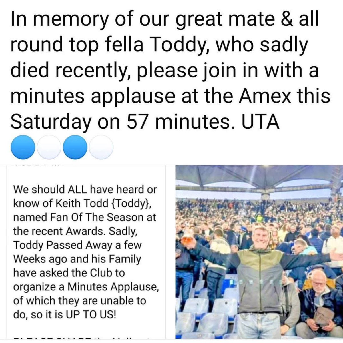 Please all share!

<a href="/nskbha/">The North Stand Kollective</a> 
<a href="/DogmaBrighton/">Dogma</a> 
<a href="/northninebhafc/">North Nine Brighton</a> 
It would be great if everyone could join in the minute applause for Toddy (Keith) this Saturday on the 57th Minute!

#bhafc #bha