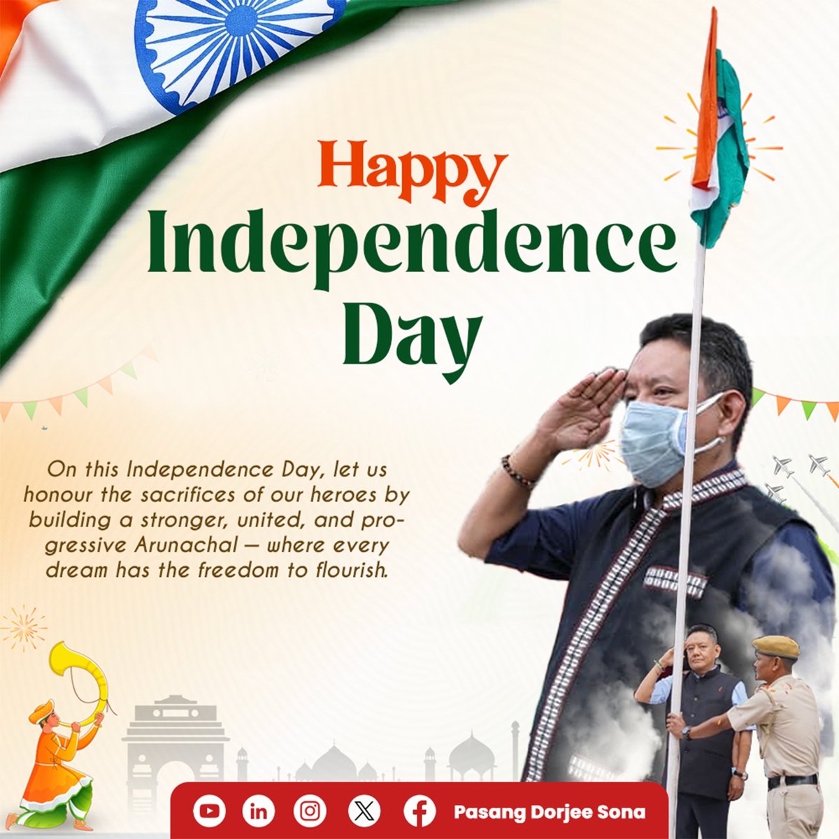On this 79th #IndependenceDay, we bow in gratitude to the brave souls whose sacrifices gave us the gift of freedom. Let us reaffirm our commitment to uphold the values of unity, peace &amp; progress, and work together to build a stronger and brighter Arunachal and India.

Jai Hind!