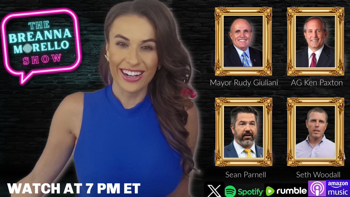 Breanna Morello (@breannamorello) on Twitter photo 🚨BIG SHOW🚨
Getting ready for a MASSIVE show tonight at 7 PM ET!
Joining me tonight:
<a href="/RudyGiuliani/">Rudy W. Giuliani</a>
<a href="/KenPaxtonTX/">Attorney General Ken Paxton</a>
<a href="/SeanParnellUSA/">Sean Parnell</a>
<a href="/sethwoodall4nc/">Seth Woodall</a>
<a href="/iFightForKids/">Alex Rosen</a> 🚨BIG SHOW🚨
Getting ready for a MASSIVE show tonight at 7 PM ET!
Joining me tonight:
<a href="/RudyGiuliani/">Rudy W. Giuliani</a>
<a href="/KenPaxtonTX/">Attorney General Ken Paxton</a>
<a href="/SeanParnellUSA/">Sean Parnell</a>
<a href="/sethwoodall4nc/">Seth Woodall</a>
<a href="/iFightForKids/">Alex Rosen</a>