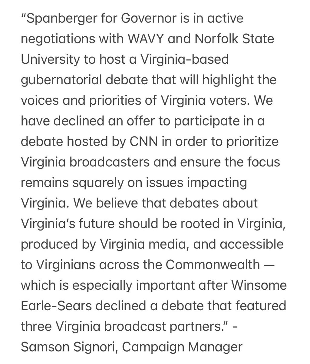 Democratic gubernatorial nominee Abigail Spanberger is declining the CNN debate invitation. Her campaign wants the debate to be focused on Virginia issues with Virginia media. With Earle-Sears declining the VSU debate, there is still no scheduled gubernatorial debate.