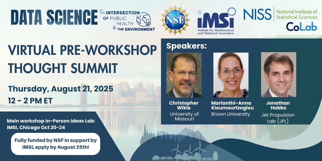 Join us for Virtual Pre-Workshop Thought Summit Next Week (free!): IMSI-NISS Data Science at the Intersection of Public Health and the Environment 8/21/25 at 12-2pm ET - Don't forget deadline for the Ideas Lab (Workshop) Oct 20-24th Apply by 25 August! - mailchi.mp/niss.org/https…