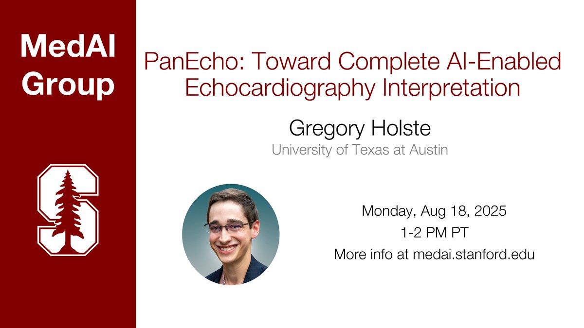 MedAI Group (@medaistanford) on Twitter photo This Monday Gregory Holste from The University of Texas at Austin will be joining us to talk about their work on AI-enabled echocardiography interpretation. Catch it at 1-2pm PT this Monday on Zoom! Subscribe to mailman.stanford.edu/mailman/listin…  #ML #AI #medicine #healthcare This Monday Gregory Holste from The University of Texas at Austin will be joining us to talk about their work on AI-enabled echocardiography interpretation. Catch it at 1-2pm PT this Monday on Zoom! Subscribe to mailman.stanford.edu/mailman/listin…  #ML #AI #medicine #healthcare