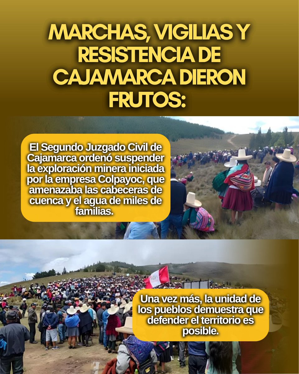 RedMuqui's tweet photo. ¡La voz de Cajamarca se hizo escuchar!

El Segundo Juzgado Civil de #Cajamarca ordenó suspender la exploración minera en cerro #Colpayoc, que amenazaba el agua y medio ambiente.

Estorepresenta un gran logro de la lucha colectiva por la defensa de los derechos.

#mineria https://t.co/EzqbOcwZ5r