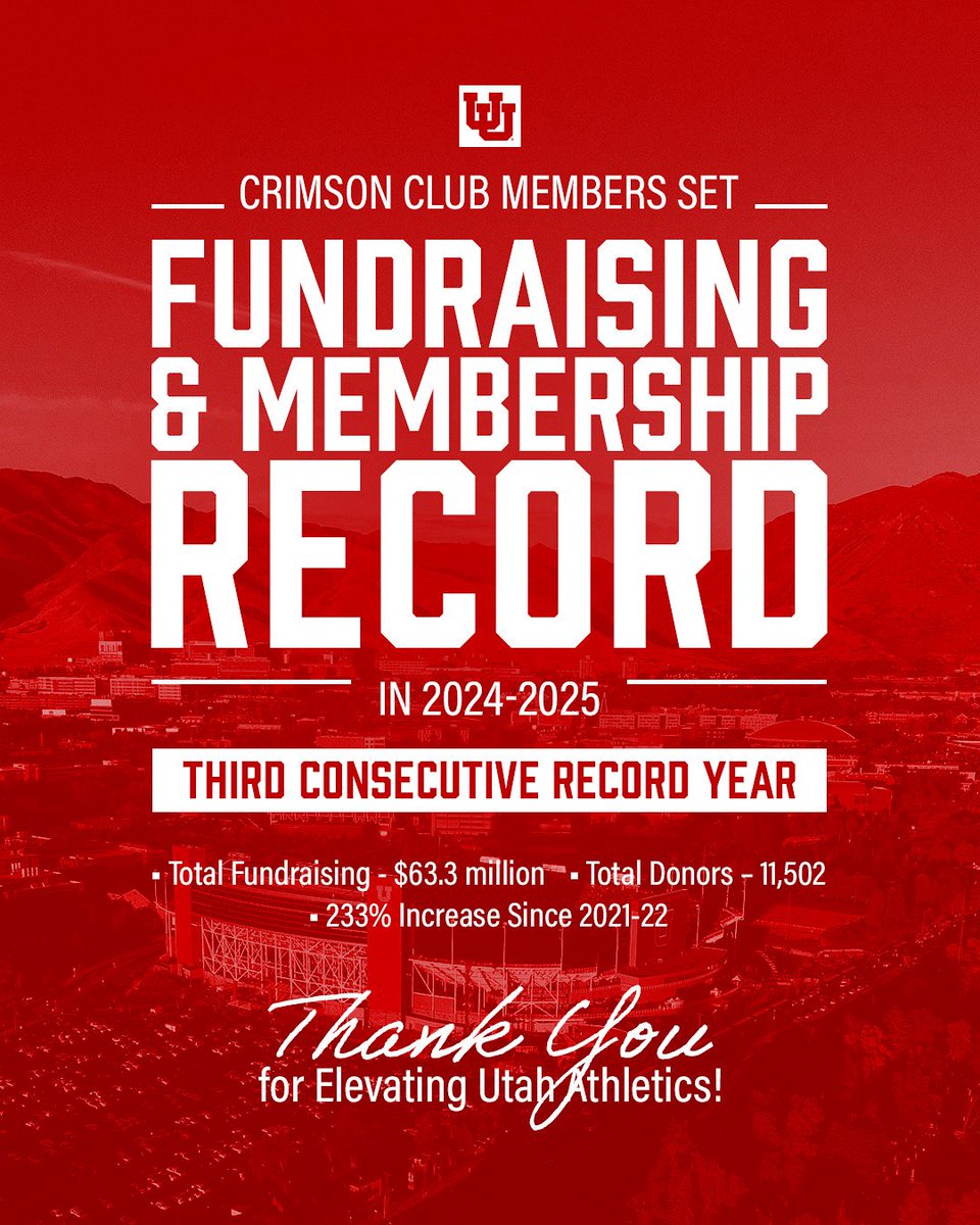 ‼️ 𝑻𝑯𝑨𝑵𝑲 𝑼 ‼️

To all Crimson Club Members for your record breaking year - thank you! 

We look forward to a bright future as we continue to build champions and impact generations. 

#GoUtes