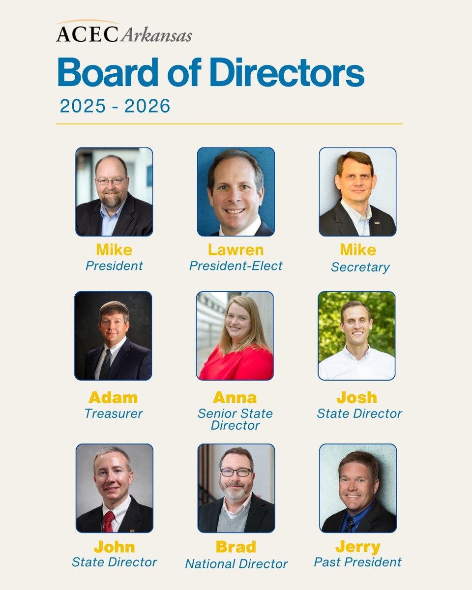 Introducing the 2025–2026 ACEC Arkansas Board of Directors 🎉 We’re proud to welcome this dedicated team—our leadership engines—who bring unwavering commitment, vision, and professionalism to advancing ACEC Arkansas’s mission.