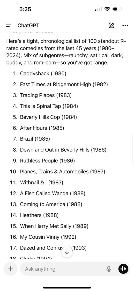 Phishboy84's tweet photo. I asked ChatGPT to give me a list of the the Best R-Rated Comedies of the past 45 years, and look what just snuck into the 100 spot. @CheetoSantino @ZacEfron @JohnCena https://t.co/ikv7iTiXAe