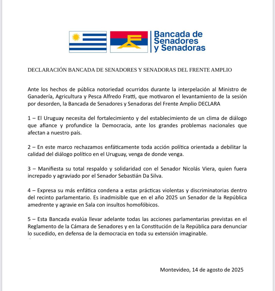 Declaración de la bancada de senadores y del Frente Amplio ante los hechos ocurridos durante la interpelación del día de ayer, que motivaron el levantamiento de la sesión por desorden.