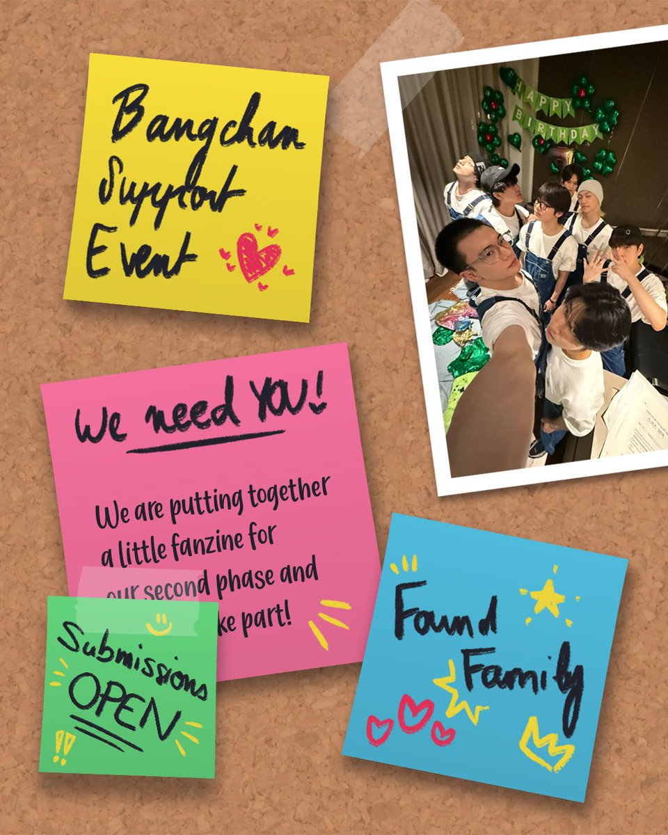 bngchnspprtvnt's tweet photo. 📣 SUBMISSION FORM OPEN!

🖌️  A4 illustration
🖋️  500 words text

You can now start to send your participation pieces to our zine in the link below!
You have until September 7 to do so, so take your time and make sure to read everything 🫶

#BangchanSupportEvent #ChansFoundFamily https://t.co/X3mdqYUMWe
