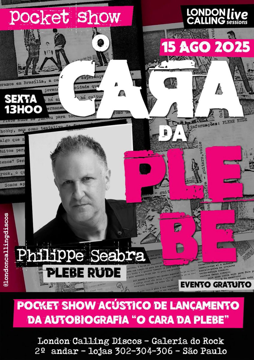 Essa 6ª feira (15/08) na loja London Calling Discos na Galeria do Rock em São Paulo, pocket show acústico do Philippe Seabra, lançamento  da autobiografia “O Cara da Plebe”. Dia 15 de agosto, sexta-feira, as 13:00h.
