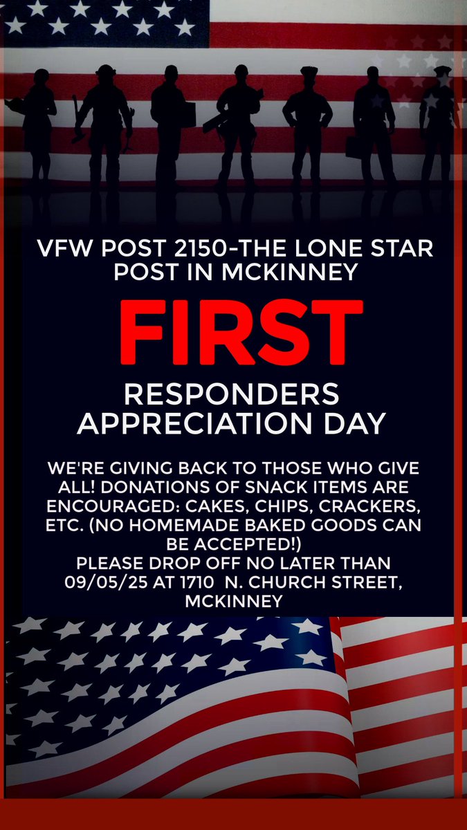 Please join our 25th Annual VFW Post 2150 First Responders Appreciation Day food drive

Volunteers needed to assemble boxes at 10AM, 9/6, delivery immediately following

NOTE: goods accepted now through 9/5. However keep expiration dates in mind, don’t bring soon-expiring goods.