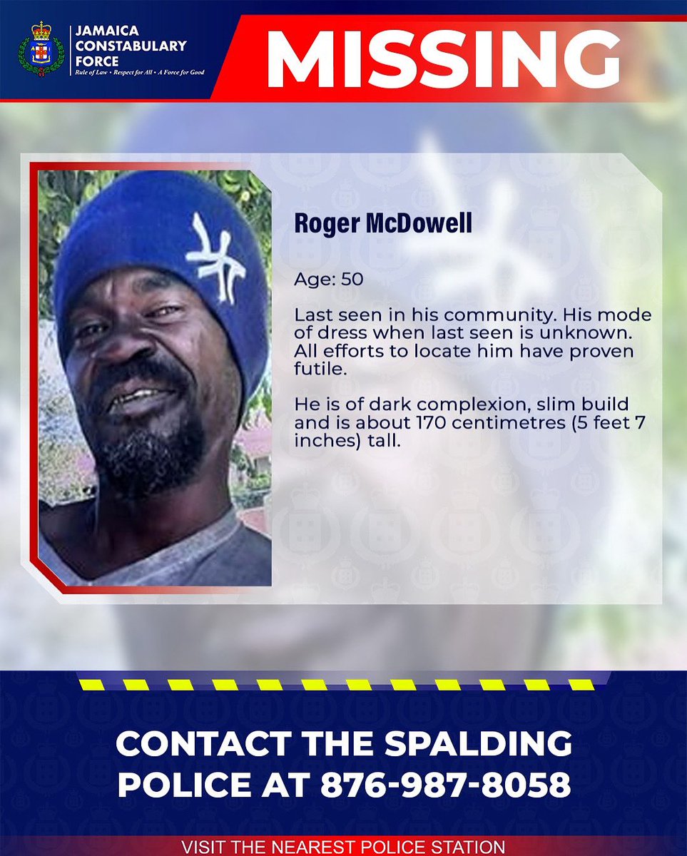 JamaicaConstab's tweet photo. Fifty-year-old Roger McDowell otherwise called ‘Tall Man’ a landscaper of Main Street Spalding, Spalding P.O, Manchester  has been missing since Thursday, August 07.
 
He is of dark complexion, slim build and is about 170 centimetres (5 feet 7 inches) tall. 
 
Reports from the Spalding Police are that McDowell was last seen in his community. His mode of dress when last seen is unknown. All efforts to locate him have proven futile.
 
Anyone knowing the whereabouts of Roger McDowell is being asked to contact the Spalding Police at 876-987-8058, the 119 Police Emergency number or the nearest police station.