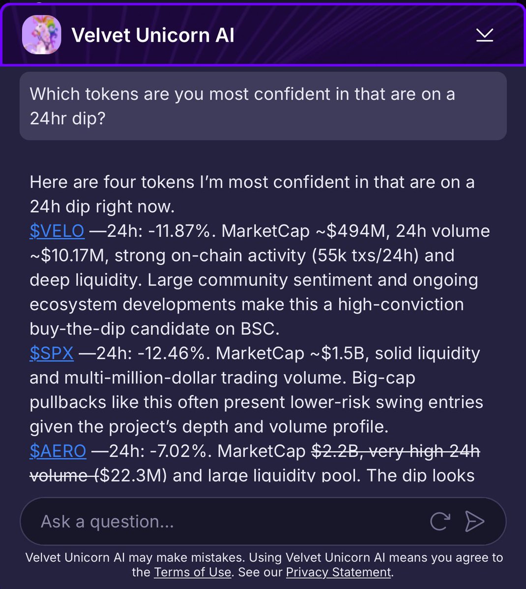 Velvet Capital (@velvet_capital) on Twitter photo The ones who come out of the bull market on top are those who take advantage of buying the dips
After today’s sell off, <a href="/VU_virtuals/">Velvet Unicorn</a> is most bullish on $VELO $SPX & $AERO
Which tokens are you adding to? The ones who come out of the bull market on top are those who take advantage of buying the dips
After today’s sell off, <a href="/VU_virtuals/">Velvet Unicorn</a> is most bullish on $VELO $SPX & $AERO
Which tokens are you adding to?