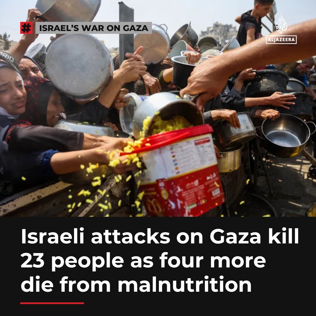 At least 23 Palestinians, including 10 seeking aid, have been killed on Thursday in Israeli attacks across Gaza, say health authorities, as four more people died from malnutrition.

Read more: aje.io/uxxc5l