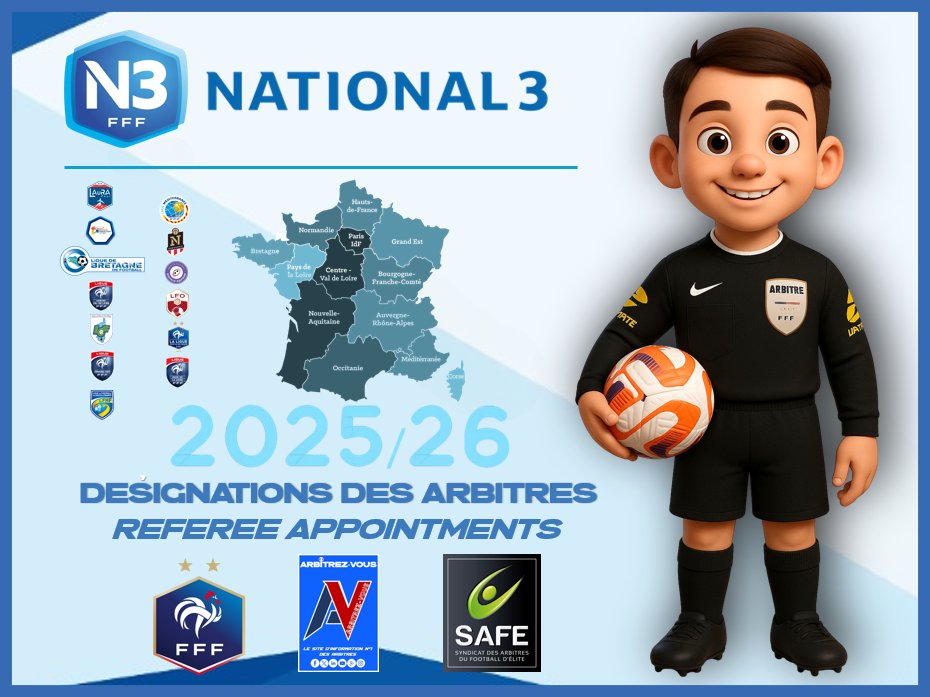 🐓 #FFF #National3
🙋‍♂️🇫🇷 | DÉSIGNATIONS #ARBITRES / 🙋‍♂️🇬🇧 | #REFEREE APPOINTMENTS
⚽️| Journée 1 - [22-23 &amp; 24/08/2025]

ℹ️| arbitrezvous.com/post/fff-natio…

<a href="/FFF/">FFF</a> <a href="/ArbitresSAFE/">SAFE</a> <a href="/lequipe/">L'Équipe</a> <a href="/deux_zero/">deux-zero.com</a> <a href="/sports_ouest/">Ouest-France Sports</a> <a href="/lavoixdessports/">La Voix des Sports</a> <a href="/LaProvenceSport/">La Provence Sports</a> <a href="/ledauphine/">Le Dauphiné Libéré</a> <a href="/lalsacesports/">L’Alsace Sports</a> <a href="/larep_fr/">La République du Centre</a>