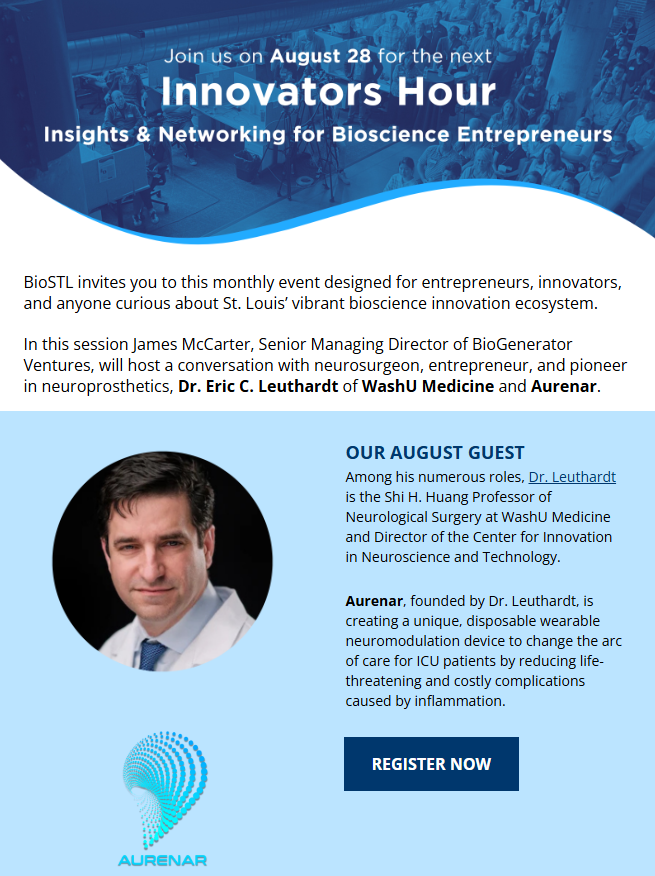 WashUNeurosurg's tweet image. Excited to share that Dr. Leuthardt will be the featured guest for BioSTL’s Innovators Hour on Aug 28! He’ll join James McCarter to discuss his work across neurosurgery, biomedical innovation, and entrepreneurship.

Register now!
biogeneratorventures.com/innovators-hour

#Neurosurgery #BioSTL
