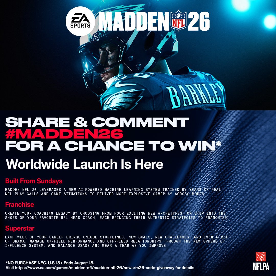 🎮 ANOTHER MADDEN 26 GIVEAWAY 🎮

To Enter: 
- RT + Follow us
- Reply with: “#Madden26” + your console
- Tag friends for extra entries (optional)

Winners will be announced in 48 hours, both XBOX &amp; PS5. 

Play now! #Madden26 

GOOD LUCK ‼️