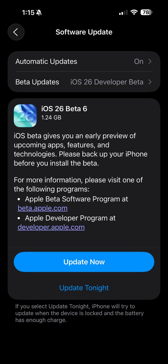 zollotech's tweet photo. iOS 26 Beta 6 Re-release is out https://t.co/Ig7u5ccZUi
