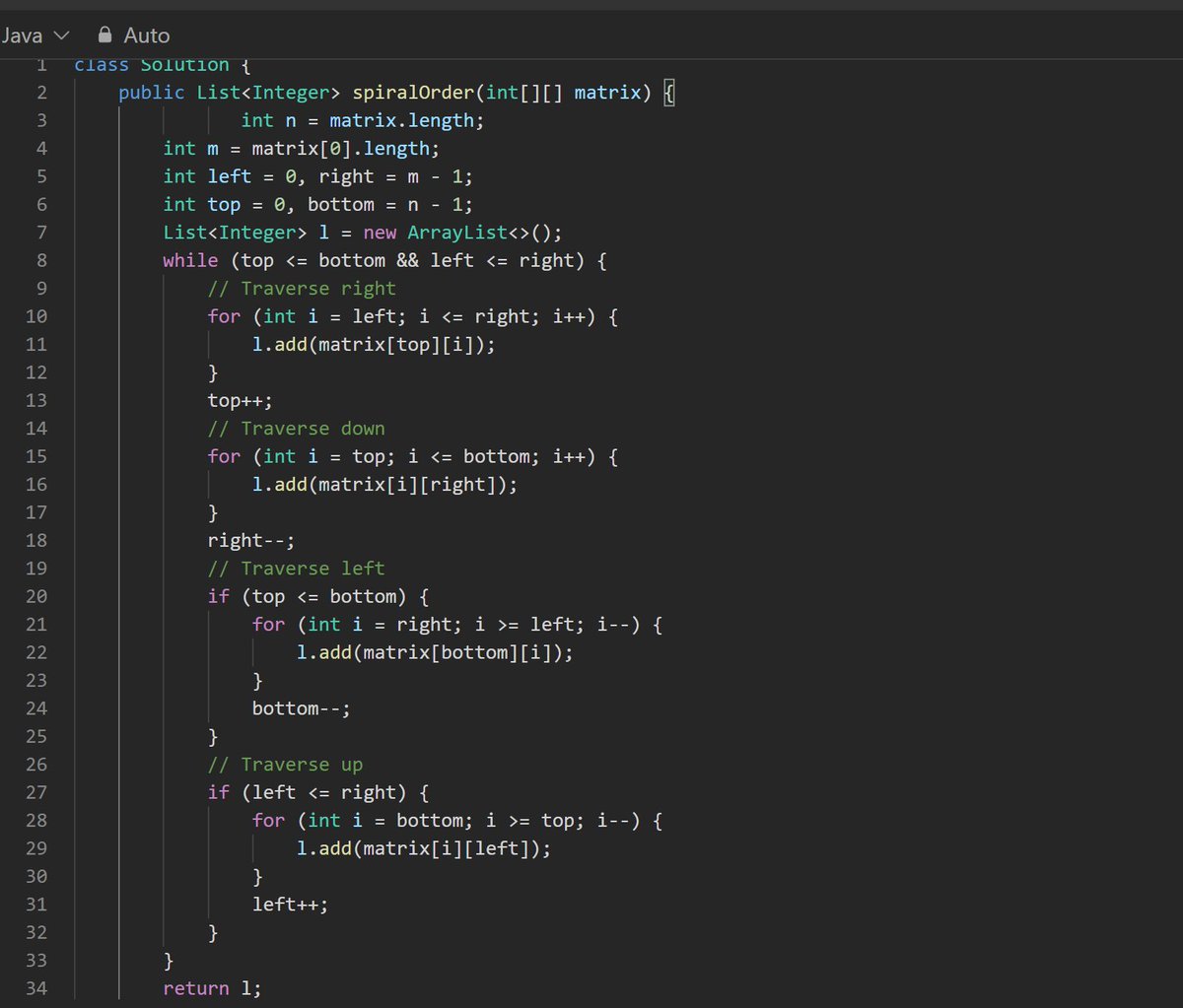 Ayxshaa_8's tweet image. DSA with Java – Day 18
Solved:
✅54. Spiral Matrix → Used boundary pointers for spiral traversal.
✅989. Add to Array-Form of Integer → Simulated digit-by-digit addition with carry.
#DSA #Java #SpiralMatrix #ArrayFormInteger #LeetCode #100DaysOfCode #day18 #LearnInPublic