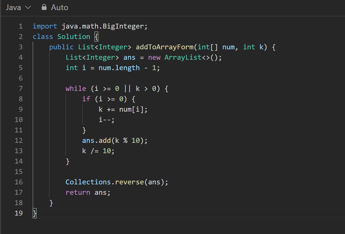Ayxshaa_8's tweet image. DSA with Java – Day 18
Solved:
✅54. Spiral Matrix → Used boundary pointers for spiral traversal.
✅989. Add to Array-Form of Integer → Simulated digit-by-digit addition with carry.
#DSA #Java #SpiralMatrix #ArrayFormInteger #LeetCode #100DaysOfCode #day18 #LearnInPublic