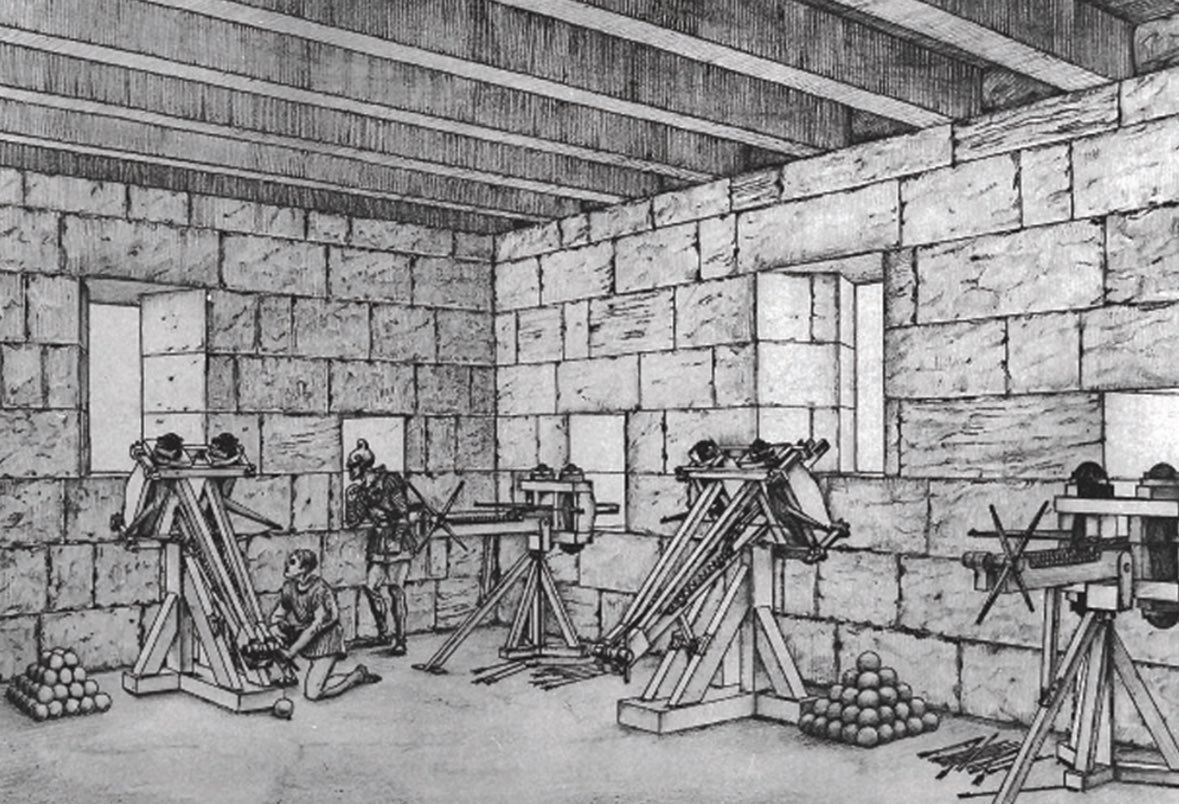 مثال للبالستا الرومية واليونانية في الابراج المحصنة، مثل هذه التجهيزات كانت منتشرة بكثرة لدى الحضارات القديمة.