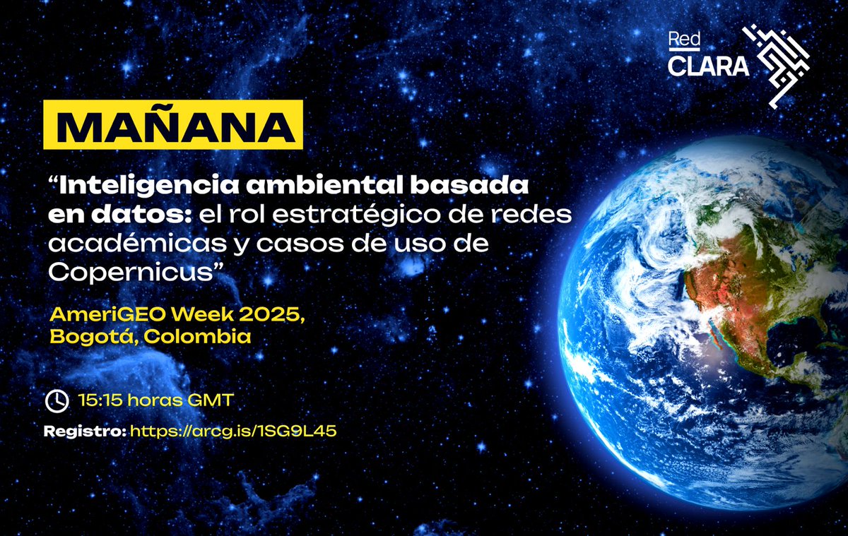 RedCLARA (@redclara) on Twitter photo 🇨🇴Mañana en #amerigeo2025 , <a href="/RedCLARA/">RedCLARA</a> presentará cómo la inteligencia ambiental y las redes académicas apoyan soluciones frente al cambio climático, con ejemplos prácticos de <a href="/CopernicusEU/">Copernicus EU</a>
⏰3:15 p.m. GMT
🔗Registro: arcg.is/1SG9L45
<a href="/BELLA_Programme/">BELLA II</a> <a href="/IDEAMColombia/">Ideam Colombia</a> 🇨🇴Mañana en #amerigeo2025 , <a href="/RedCLARA/">RedCLARA</a> presentará cómo la inteligencia ambiental y las redes académicas apoyan soluciones frente al cambio climático, con ejemplos prácticos de <a href="/CopernicusEU/">Copernicus EU</a>
⏰3:15 p.m. GMT
🔗Registro: arcg.is/1SG9L45
<a href="/BELLA_Programme/">BELLA II</a> <a href="/IDEAMColombia/">Ideam Colombia</a>