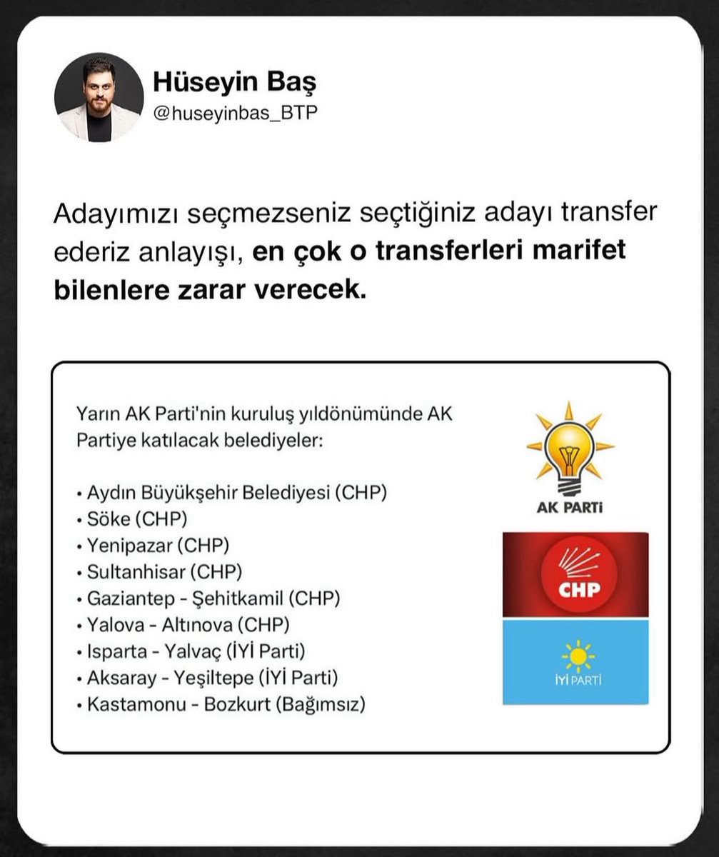 BTP Genel Başkanı: Hüseyin Baş 

Adayımızı seçmezseniz seçtiğiniz adayı transfer ederiz anlayışı, en çok o transferleri marifet bilenlere zarar verecek.
<a href="/huseyinbas_BTP/">Hüseyin Baş</a> 
#SONDAKİKA