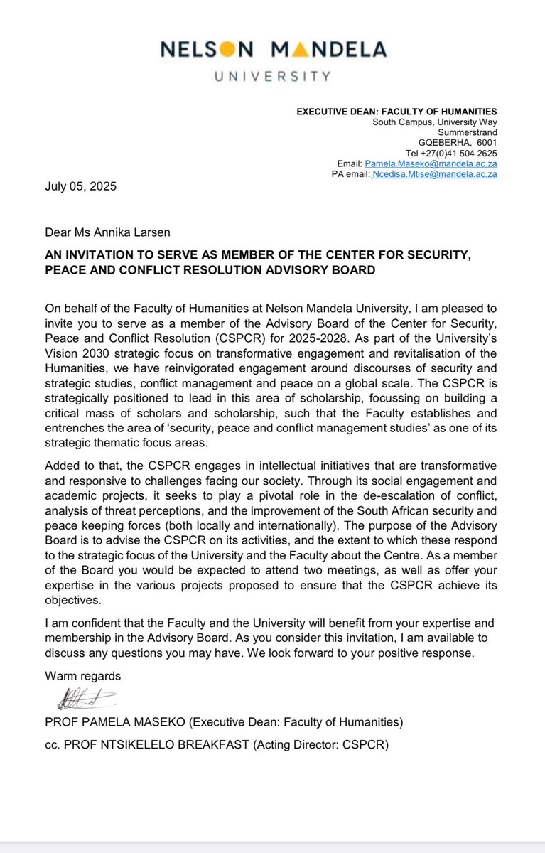 I am so privileged to have been asked to serve on the Board of the Nelson Mandela University’s  Centre for Peace, Security and Conflict Resolution. Thank you to Dean of Humanities Prof   <a href="/PamelaMaseko/">Pamela</a> and Director Prof @NtsikeleloBreakfast. 
We have a lot of work to do .