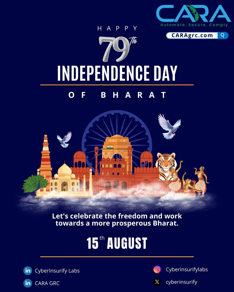 cyberinsurify's tweet photo. 🇮🇳 Freedom in our hearts, pride in our souls, and dreams for our nation’s future.

Wishing everyone a Happy Independence Day!

 #IndiaAt78 #HappyIndependenceDay #ProudToBeIndian #CARAGRC

https://t.co/7DrjzbYwj4 https://t.co/LBP4VpLmhe