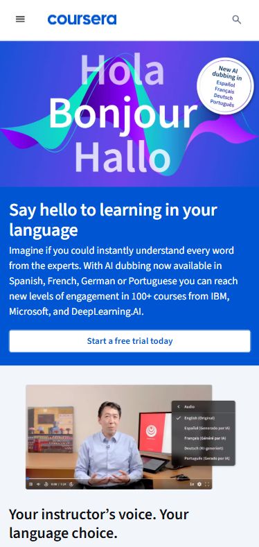 Jamaleo_'s tweet photo. Interesting development by Coursera using AI dubbing  https://t.co/moMoTSQaj4 

You can follow 100+ courses from IBM, Microsoft, and DeepLearning in Spanish, French, German, or Portuguese

Looking forward to more languages https://t.co/Zhl0SgOpMs