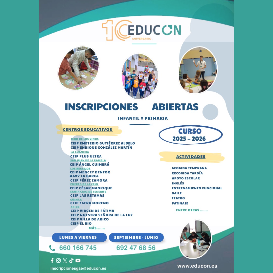 📰 NOTICIA – ¡Comienza la cuenta atrás para las actividades extraescolares EDUCON! 📰

📢 ¡Faltan aprox. 30 días! 

📲 Más información e inscripciones:
📧 inscripcionesgae@educon.es
📞 660 166 745 / 692 47 68 56

🌟 EDUCON

#EQUIPOEDUCON #SOMOSEDUCON #EDUCONalwaysON