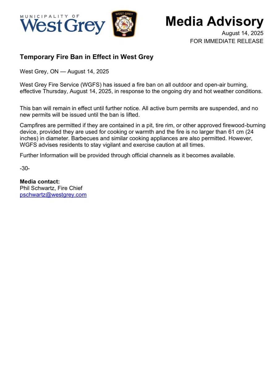 Temporary Fire Ban in Effect in West Grey - August 14th, 2025