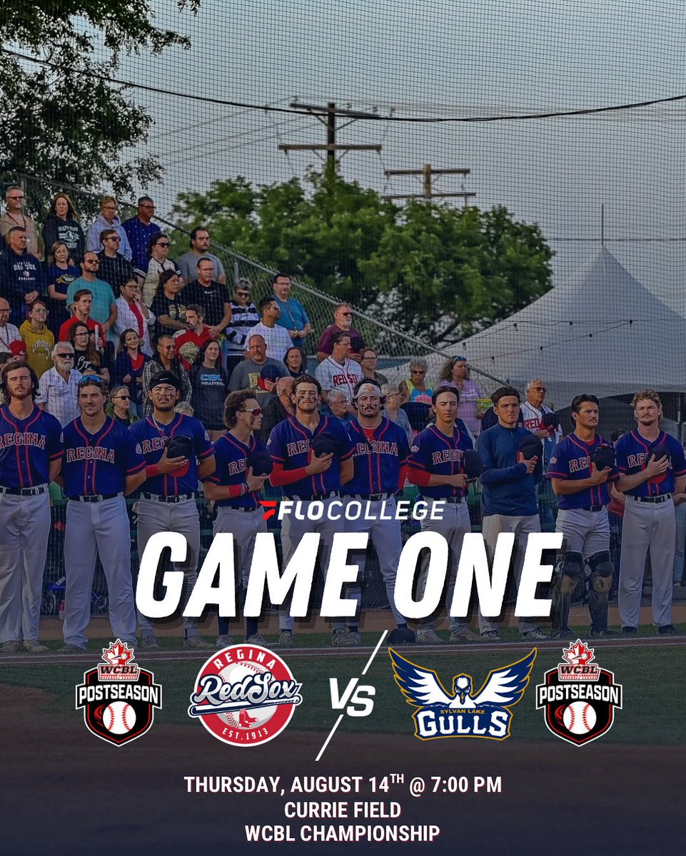 ReginaRedSox's tweet photo. 🏆 GAME ONE – WCBL FINALS 🏆
It all starts TONIGHT at Currie Field 🔴🔵
Red Sox vs Sylvan Lake Gulls. 7 PM. Let’s pack the park and set the tone for the series.
#FearTheSox #WCBLFinals #DefendTheDiamond https://t.co/BW9HLEzAGy