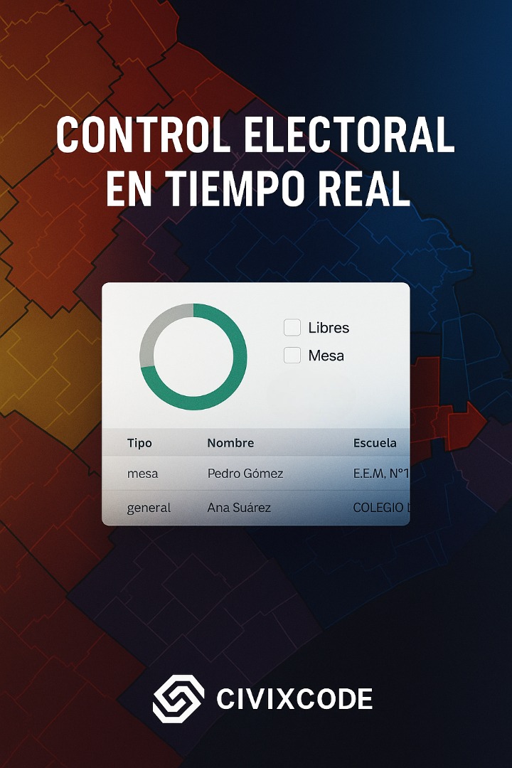 CivixCode's tweet image. Cada calle, cada fiscal, cada dato… todo bajo control en un solo lugar. Con CivixPat, transformamos el caos en estrategia y la incertidumbre en votos asegurados.

#EstrategiaPolítica #CampañasElectorales #DataDrivenPolitics #ControlTerritorial