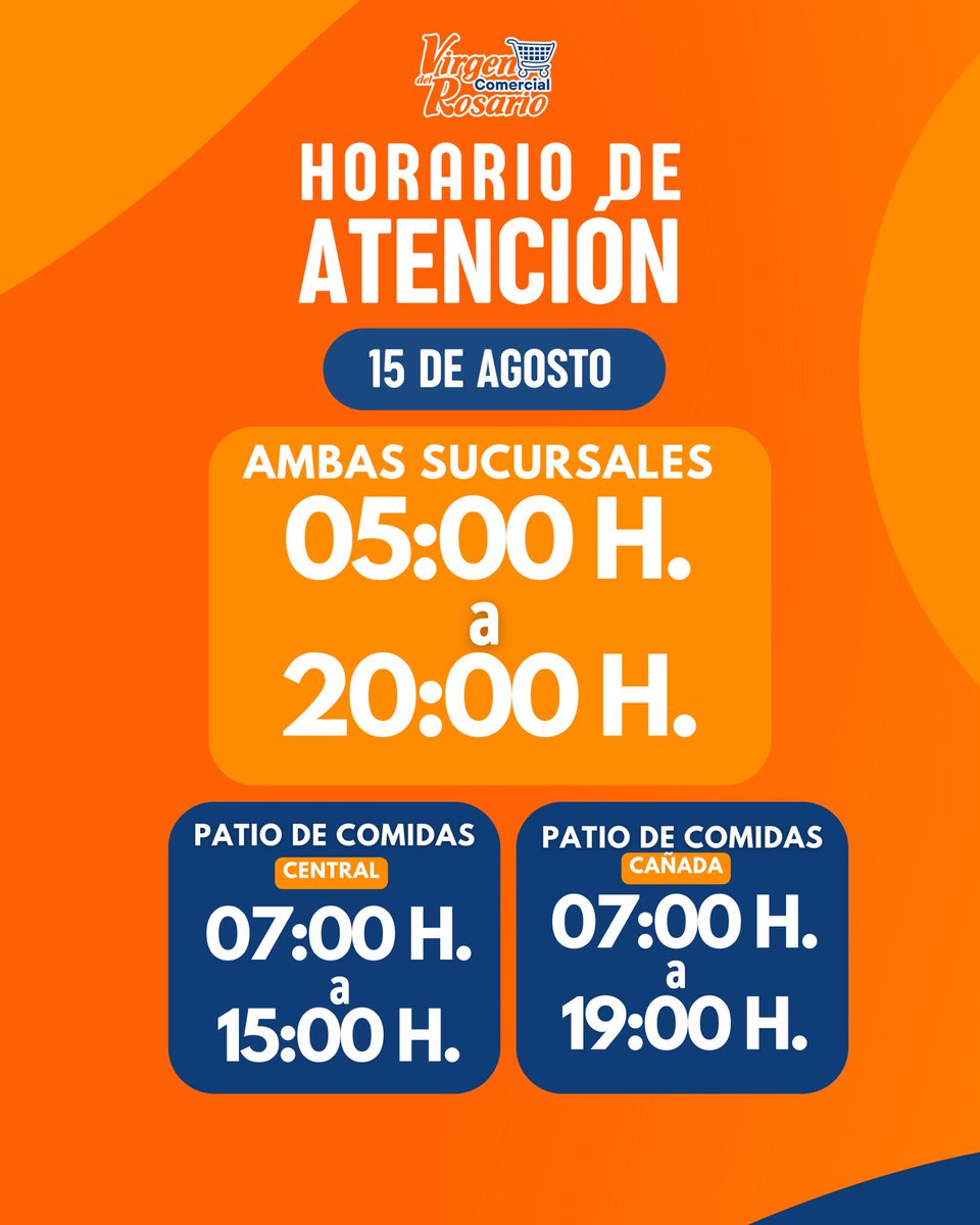 📅 15 de Agosto · 🛒 Horario Especial
⏰ Abrimos desde las 05:00 H hasta las 20:00 H en ambas sucursales.

🍽 Patio de comidas
Central: 07:00 H · 15:00 H
Cañada: 07:00 H · 19:00 H

💙 ¡Te esperamos para que disfrutes tus compras y momentos en familia!

#HorarioEspecial
