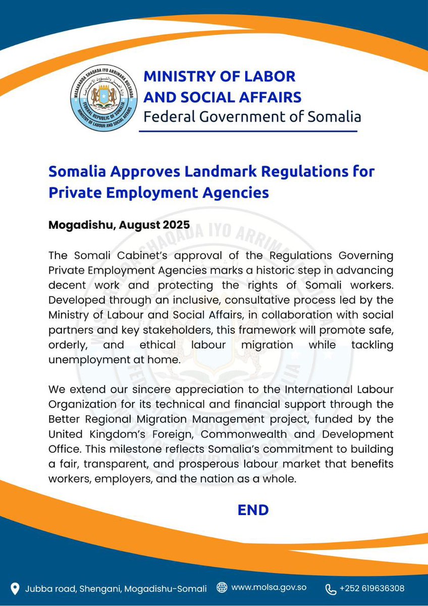 Special appreciation to the Somali Cabinet for approving the Private Employment Agencies Regulations today. This milestone will promote fair recruitment, safeguard migrant workers’ rights, and strengthen oversight of private employment agencies.