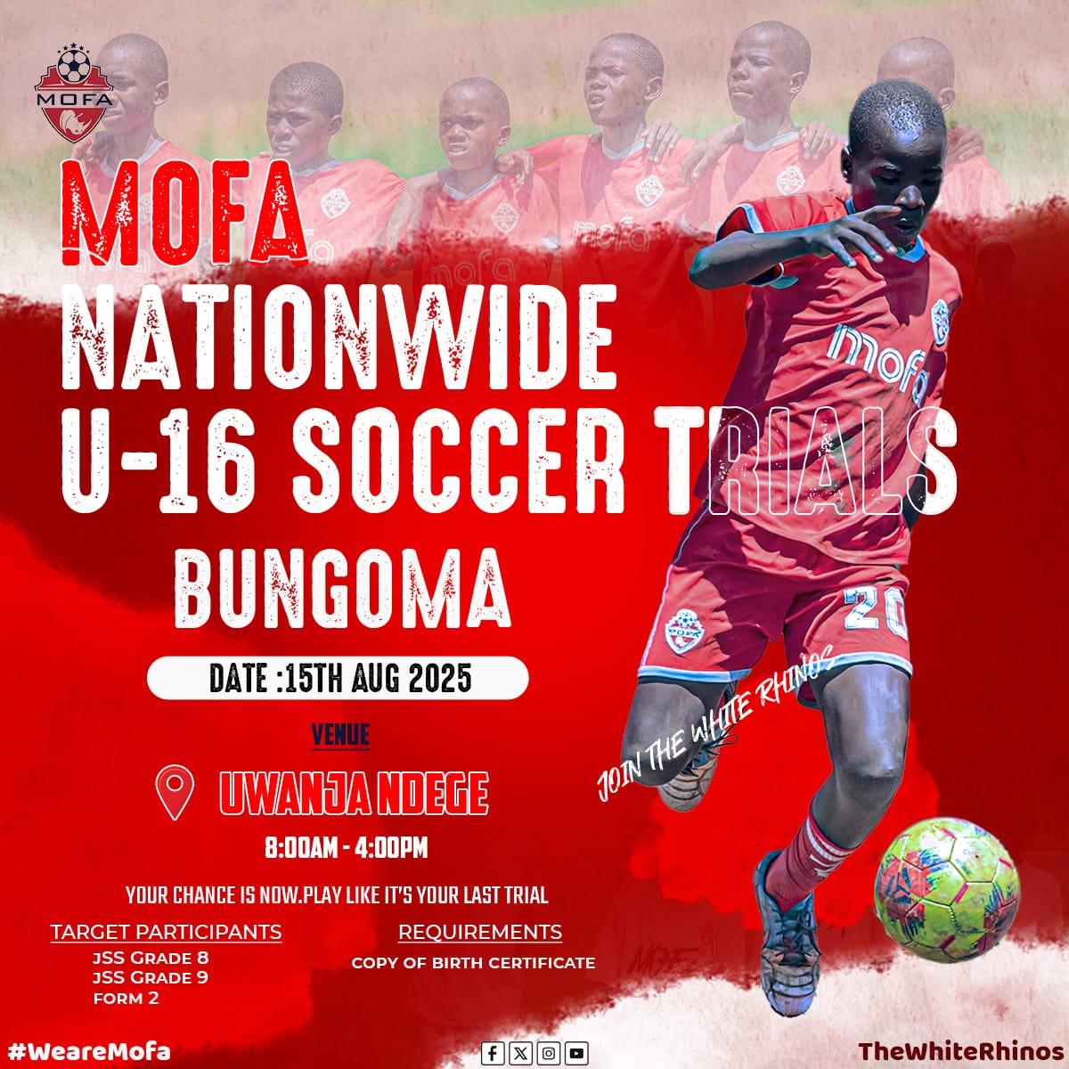 MOFAFC's tweet image. 📢 Bungoma, Ready?

MOFA U-16 Soccer Trials kick off tomorrow – Fri, 15 Aug at Uwanja Ndege.

Show your skills, earn a spot in our academy &amp;amp; grow through sports, education &amp;amp; character.

📝 Bring a valid birth cert.
💰 FREE participation!

#WeAreMOFA #WhiteRhinos #GodAboveAll