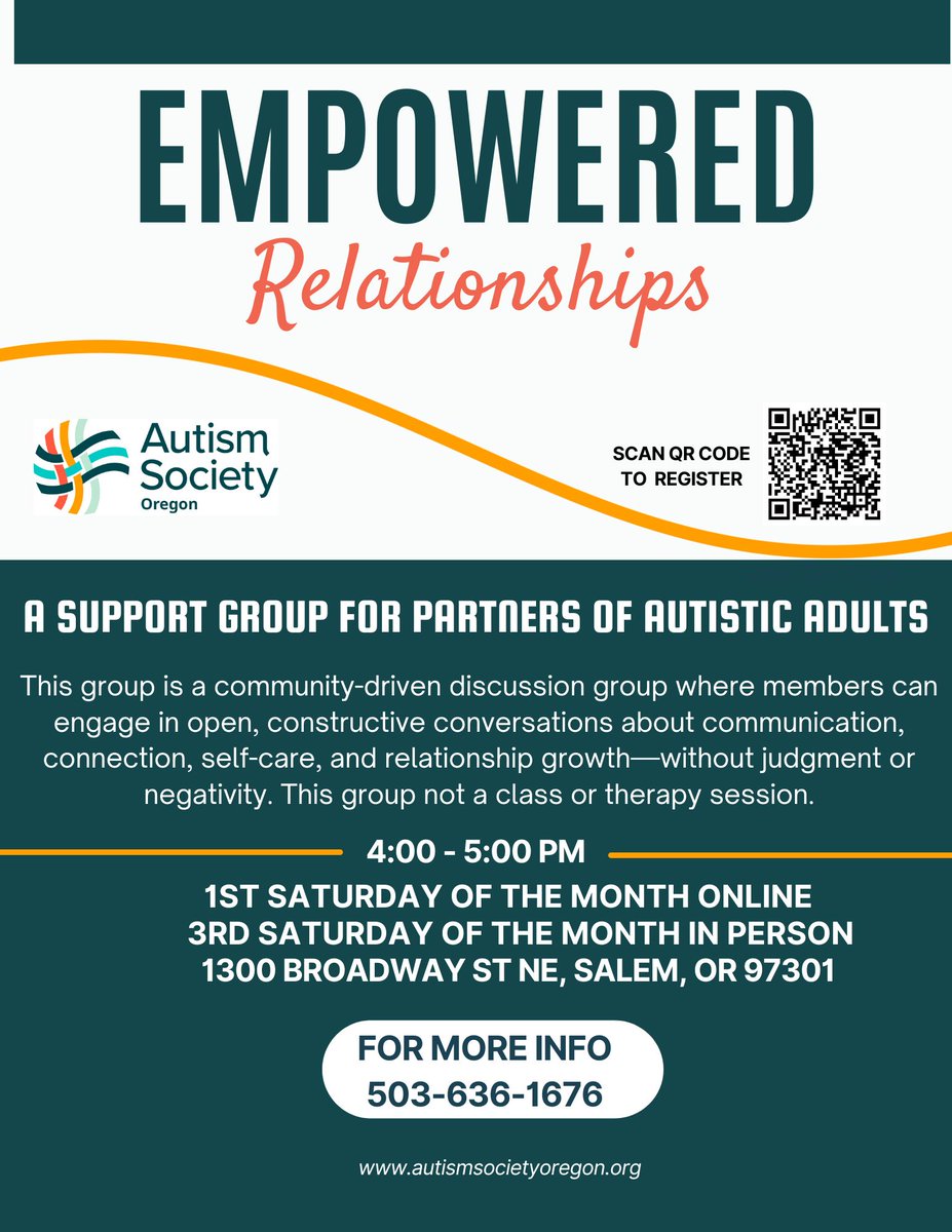 Autism Society OR (@autismsocietyor) on Twitter photo Empowered Relationships: A Support Group for Partners of Autistic Spouses
Saturday Aug 16, 2025 ⋅ 4pm – 5pm (Pacific Time - Los Angeles)
Presented by The Autism Society of Oregon
Register here: us02web.zoom.us/meeting/regist…
Questions? LoriB@AutismSocietyOregon.org or 503-636-1676. Empowered Relationships: A Support Group for Partners of Autistic Spouses
Saturday Aug 16, 2025 ⋅ 4pm – 5pm (Pacific Time - Los Angeles)
Presented by The Autism Society of Oregon
Register here: us02web.zoom.us/meeting/regist…
Questions? LoriB@AutismSocietyOregon.org or 503-636-1676.