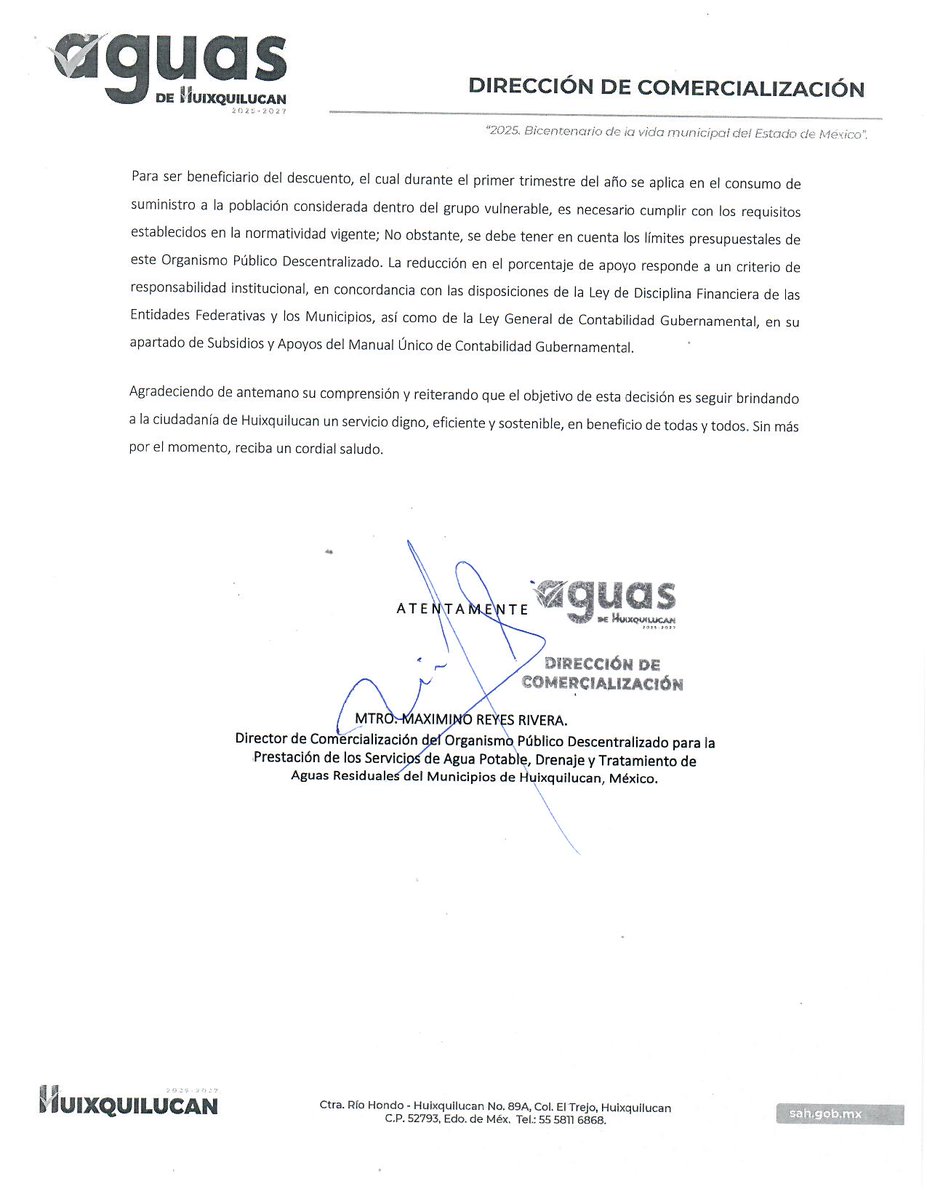 ACHEcolonos's tweet photo. IMPORTANTE: En respuesta a nuestra consulta sobre la reducción del #descuento en el pago de agua para personas adultas mayores, el organismo de aguas .@SistemaAguasHXQ de Huixquilucan enfatiza en su comunicado (adjunto) que el beneficio es de “HASTA el 38%”. Aunque no esclarecen cuál será el descuento actualizado, todo indica que han decidido reducirlo al 10%, medida que impacta directamente la economía de nuestras personas mayores. Para más preguntas al respecto, por favor acercarse a .@HuixquiGob.